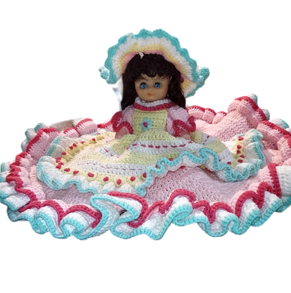 Vintage Doll Bed Sitter Crochet Knit Dress Ruffle Granny Chic Cottagecore #461 (